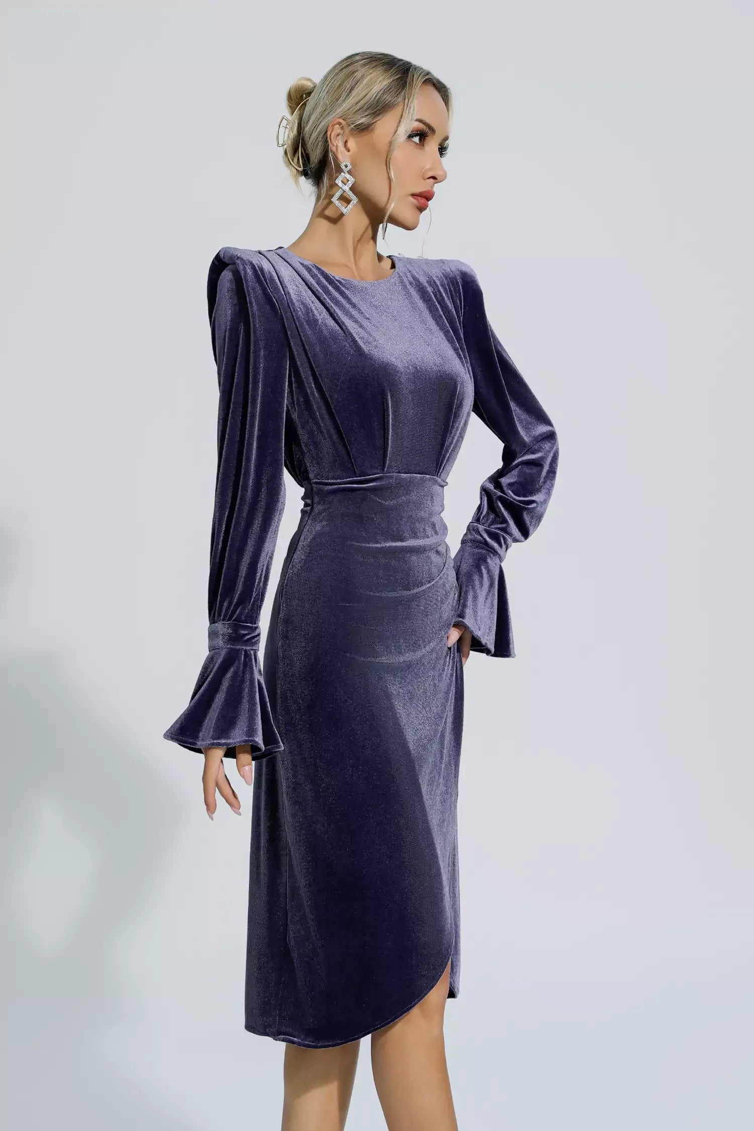 Kaeifa Purple Velvet Power Shoulder Bell Cuff Wrap Midi Dress