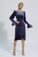 Kaeifa Purple Velvet Power Shoulder Bell Cuff Wrap Midi Dress
