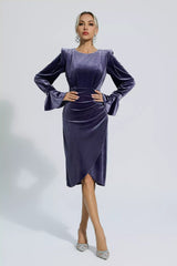 Kaeifa Purple Velvet Power Shoulder Bell Cuff Wrap Midi Dress
