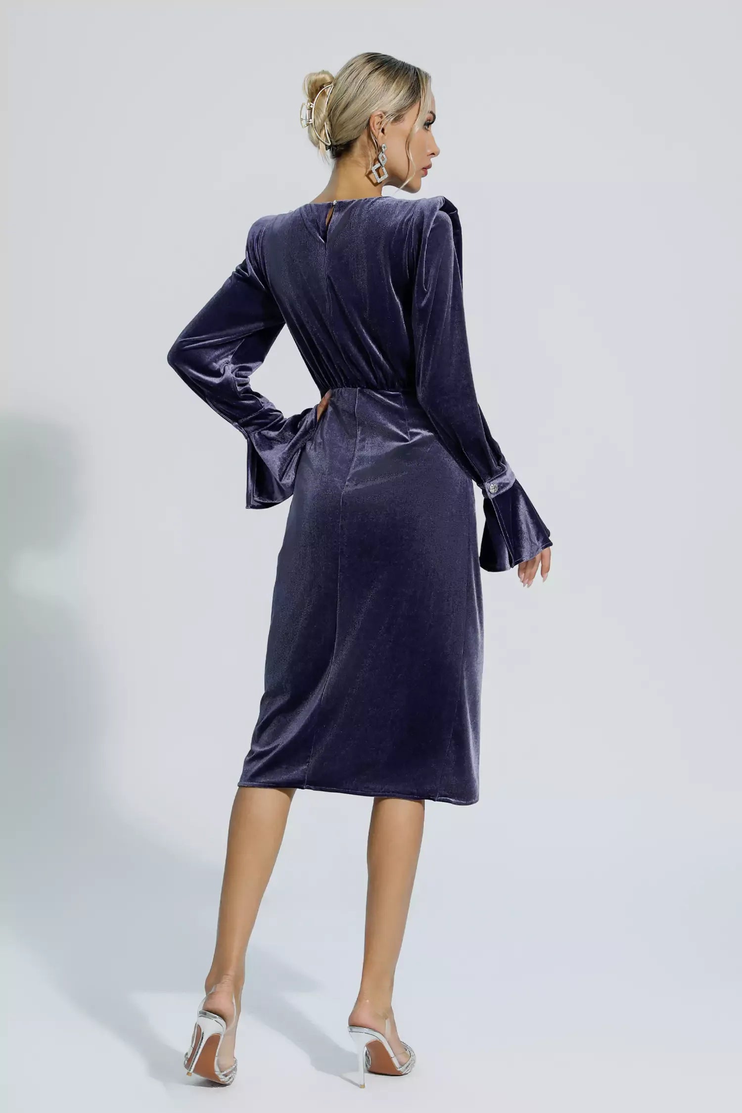 Kaeifa Purple Velvet Power Shoulder Bell Cuff Wrap Midi Dress
