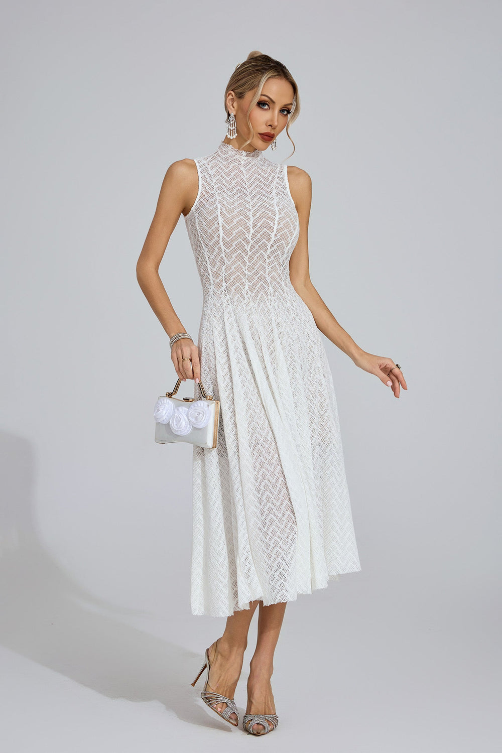 Kaeifa White Chevron Lace High Neck Sleeveless Midi Dress