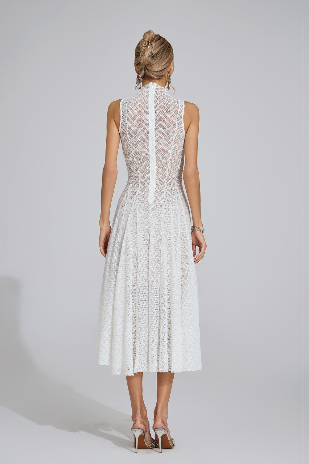 Kaeifa White Chevron Lace High Neck Sleeveless Midi Dress