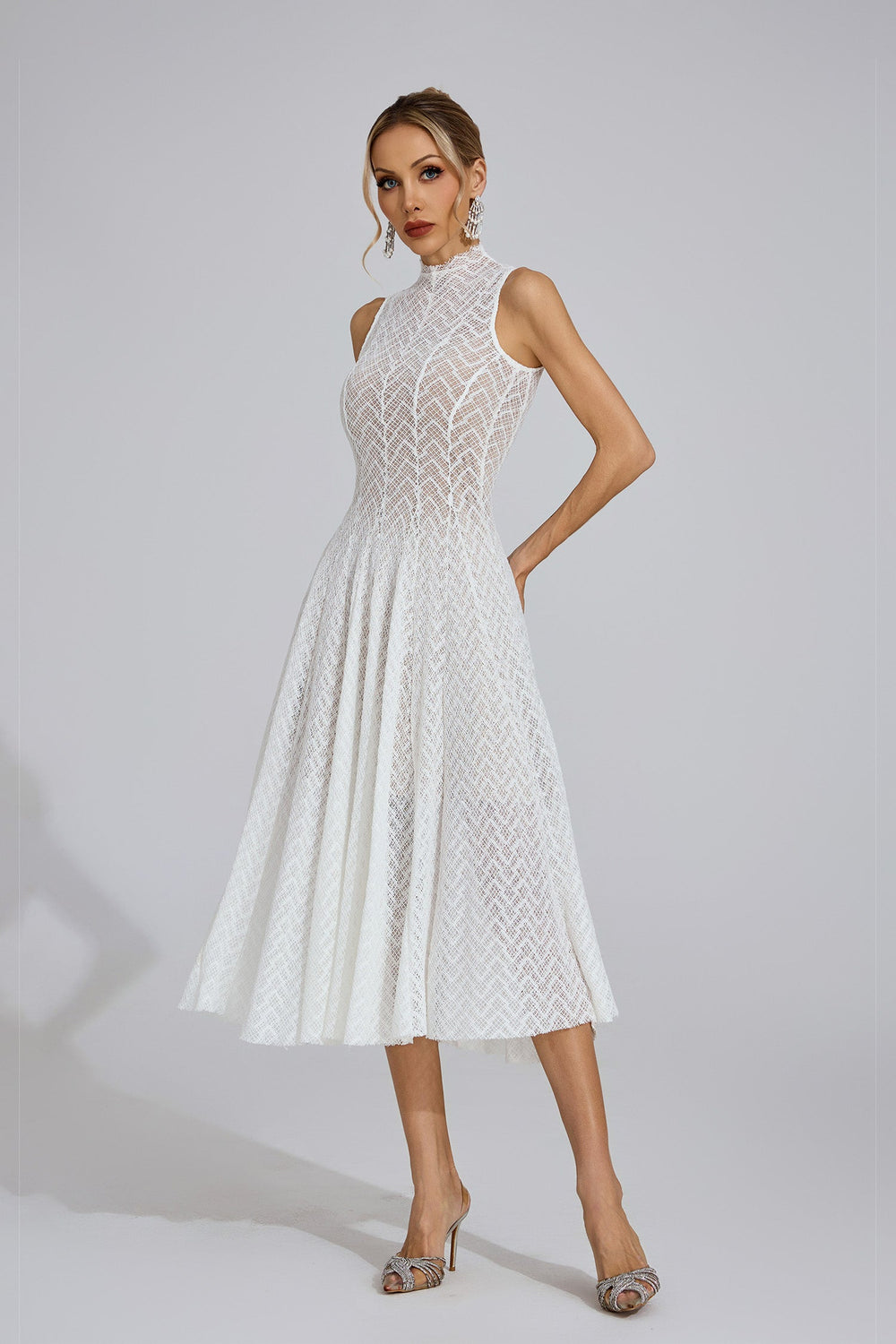 Kaeifa White Chevron Lace High Neck Sleeveless Midi Dress