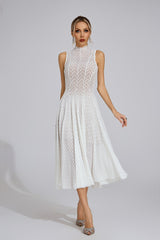 Kaeifa White Chevron Lace High Neck Sleeveless Midi Dress