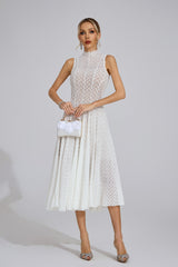 Kaeifa White Chevron Lace High Neck Sleeveless Midi Dress