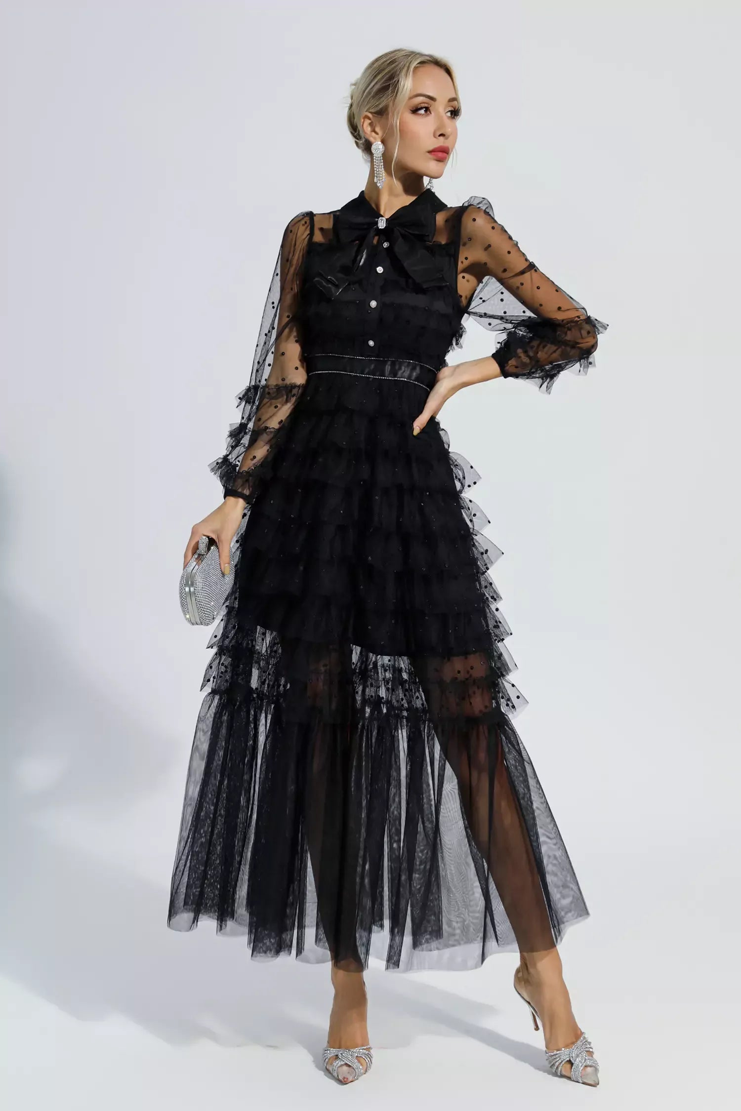 Kaeifa Black Polka Dot Maxi Dress - Bow Neck Sheer Sleeve Tiered