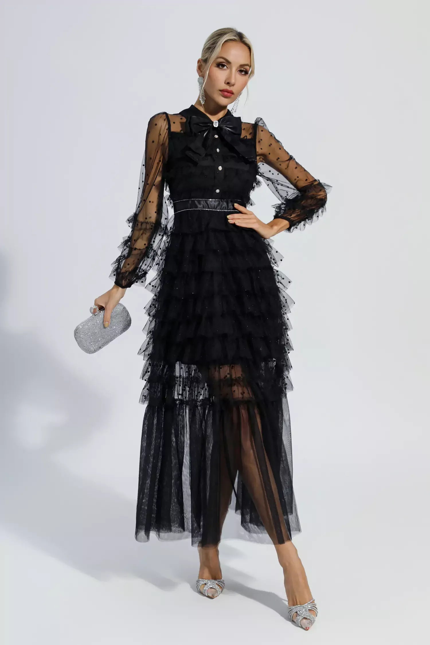 Kaeifa Black Polka Dot Maxi Dress - Bow Neck Sheer Sleeve Tiered