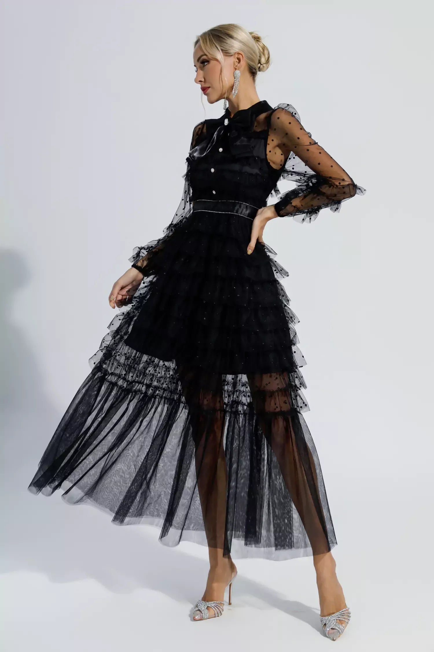 Kaeifa Black Polka Dot Maxi Dress - Bow Neck Sheer Sleeve Tiered