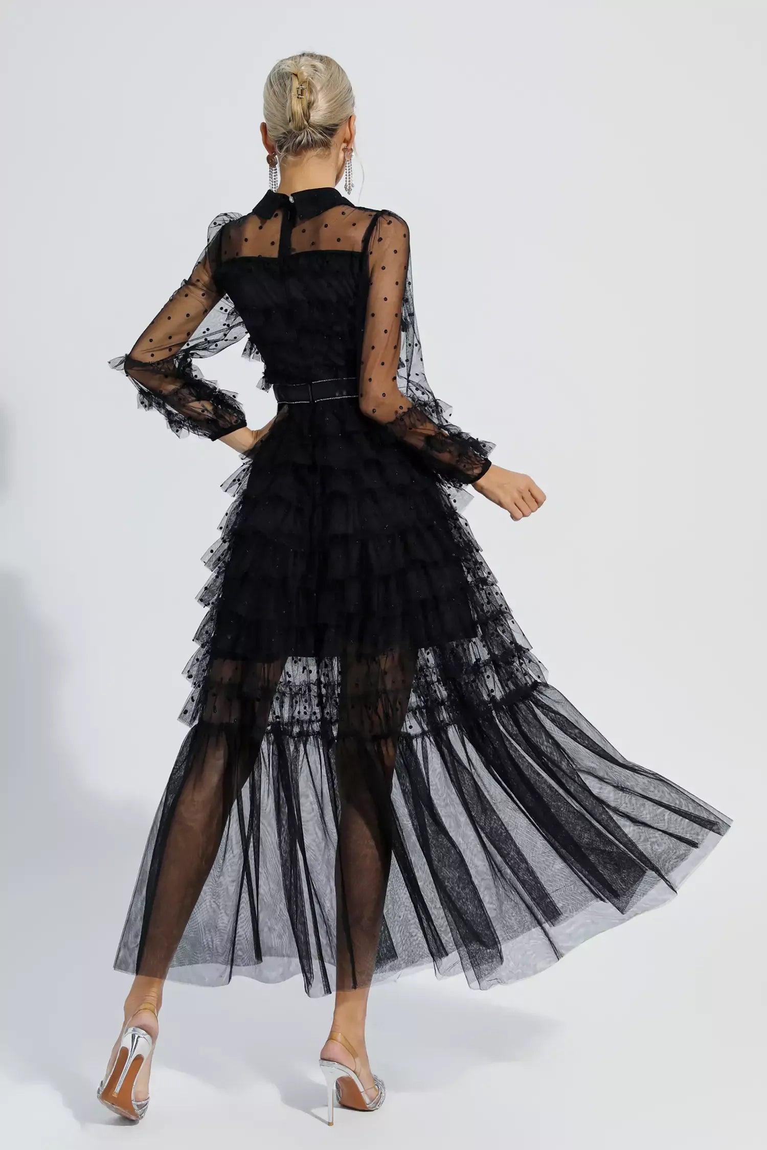 Kaeifa Black Polka Dot Maxi Dress - Bow Neck Sheer Sleeve Tiered