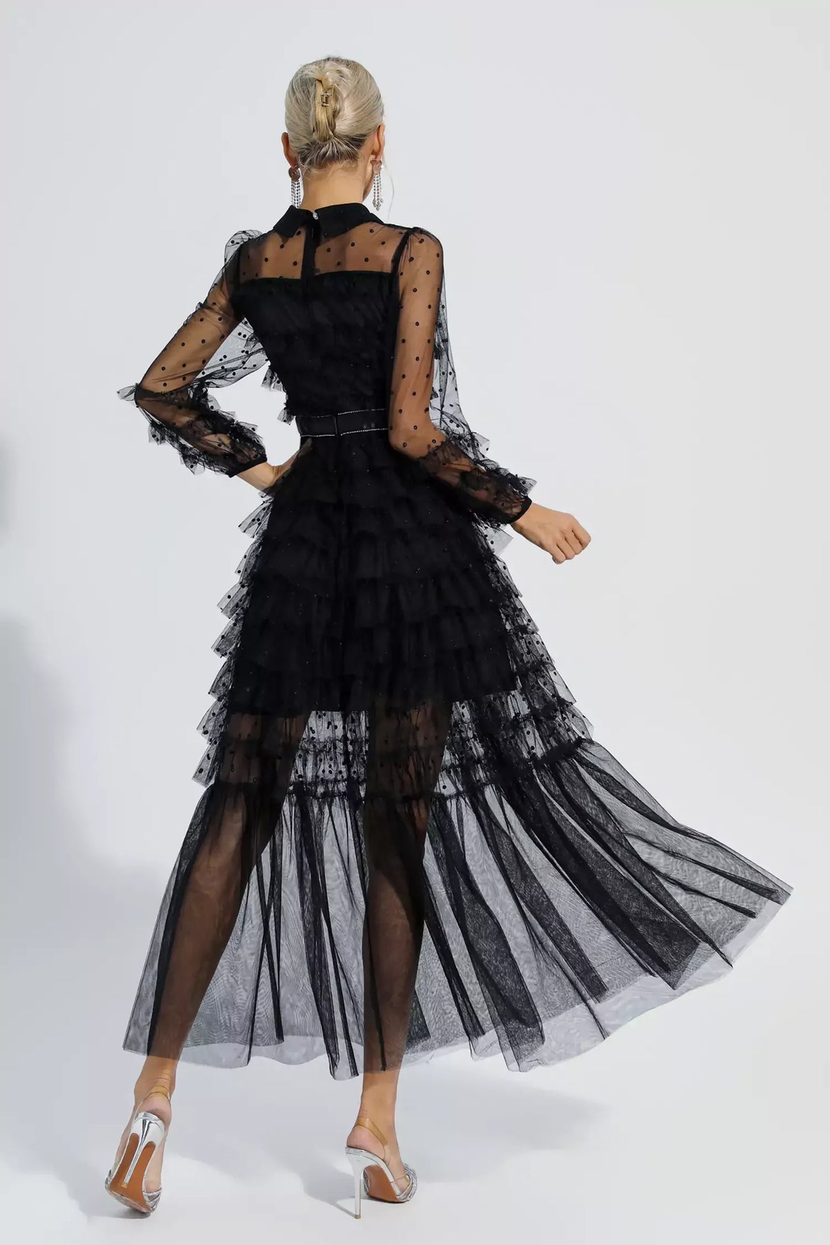 Kaeifa Black Polka Dot Maxi Dress - Bow Neck Sheer Sleeve Tiered