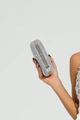 Kaeifa Silver Full Rhinestone Oval Hard Case Chain Strap Evening Clutch