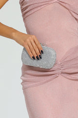 Kaeifa Silver Full Rhinestone Oval Hard Case Chain Strap Evening Clutch