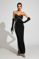 Kaeifa Black Pearl Embellished Strapless Sweetheart Maxi Dress