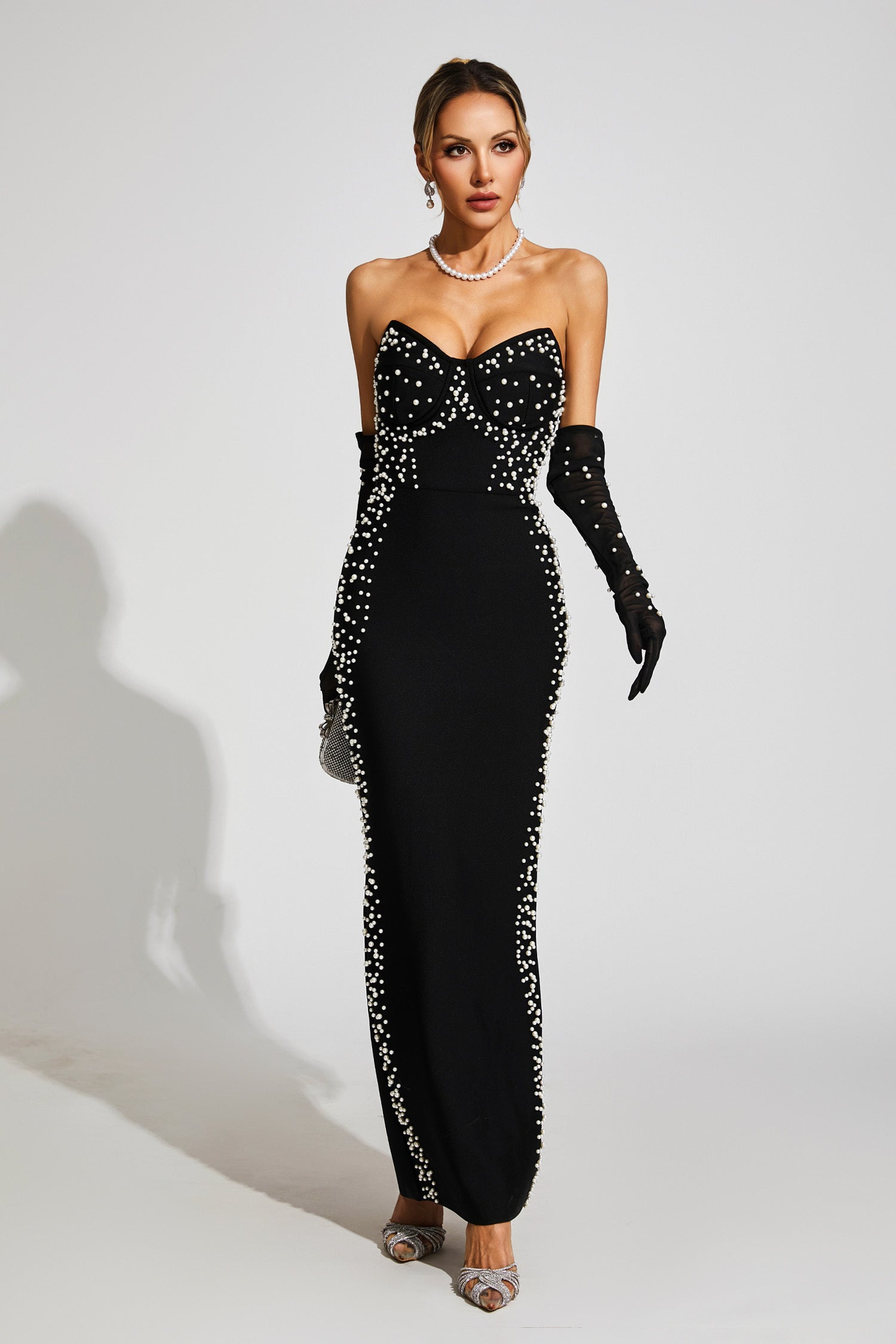 Kaeifa Black Pearl Embellished Strapless Sweetheart Maxi Dress