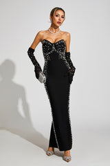 Kaeifa Black Pearl Embellished Strapless Sweetheart Maxi Dress