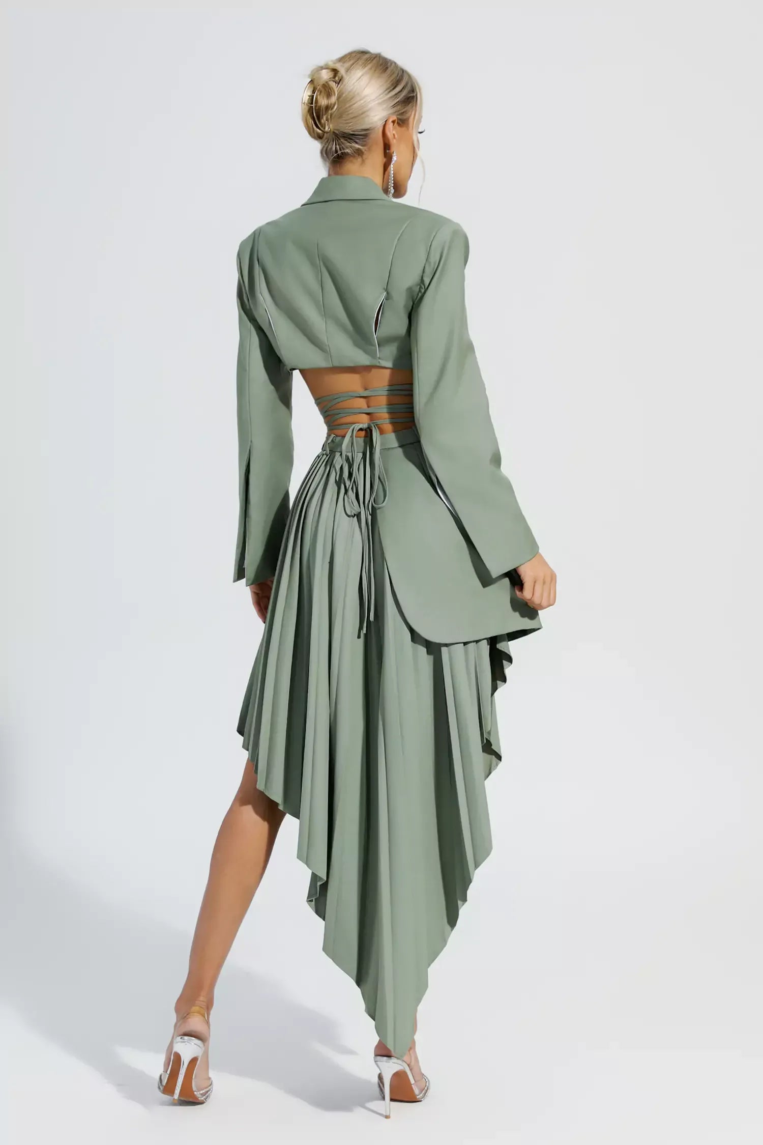 Kaeifa Sage Green Crop Blazer Pleated Asymmetric Midi Skirt Set