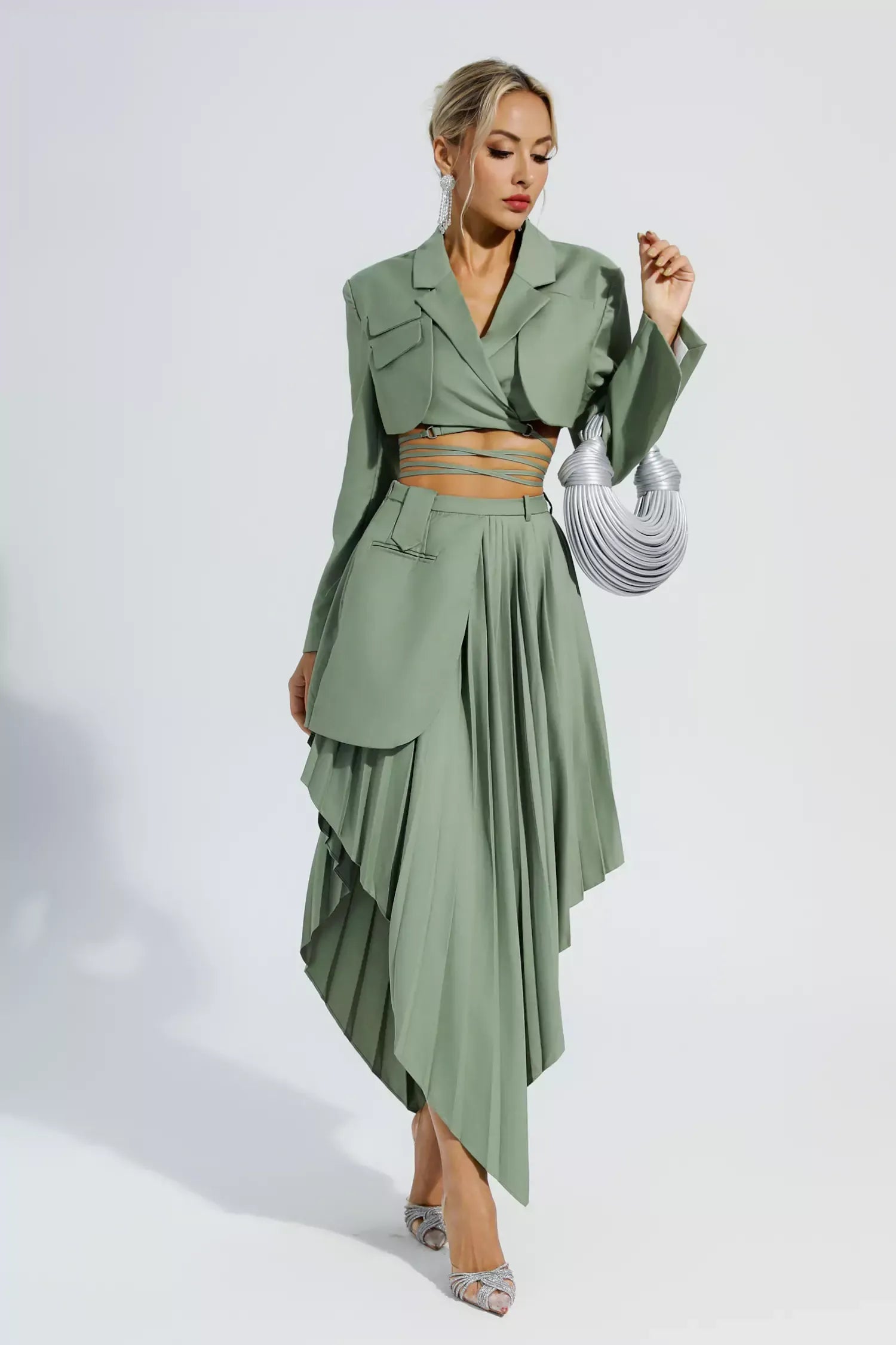 Kaeifa Sage Green Crop Blazer Pleated Asymmetric Midi Skirt Set