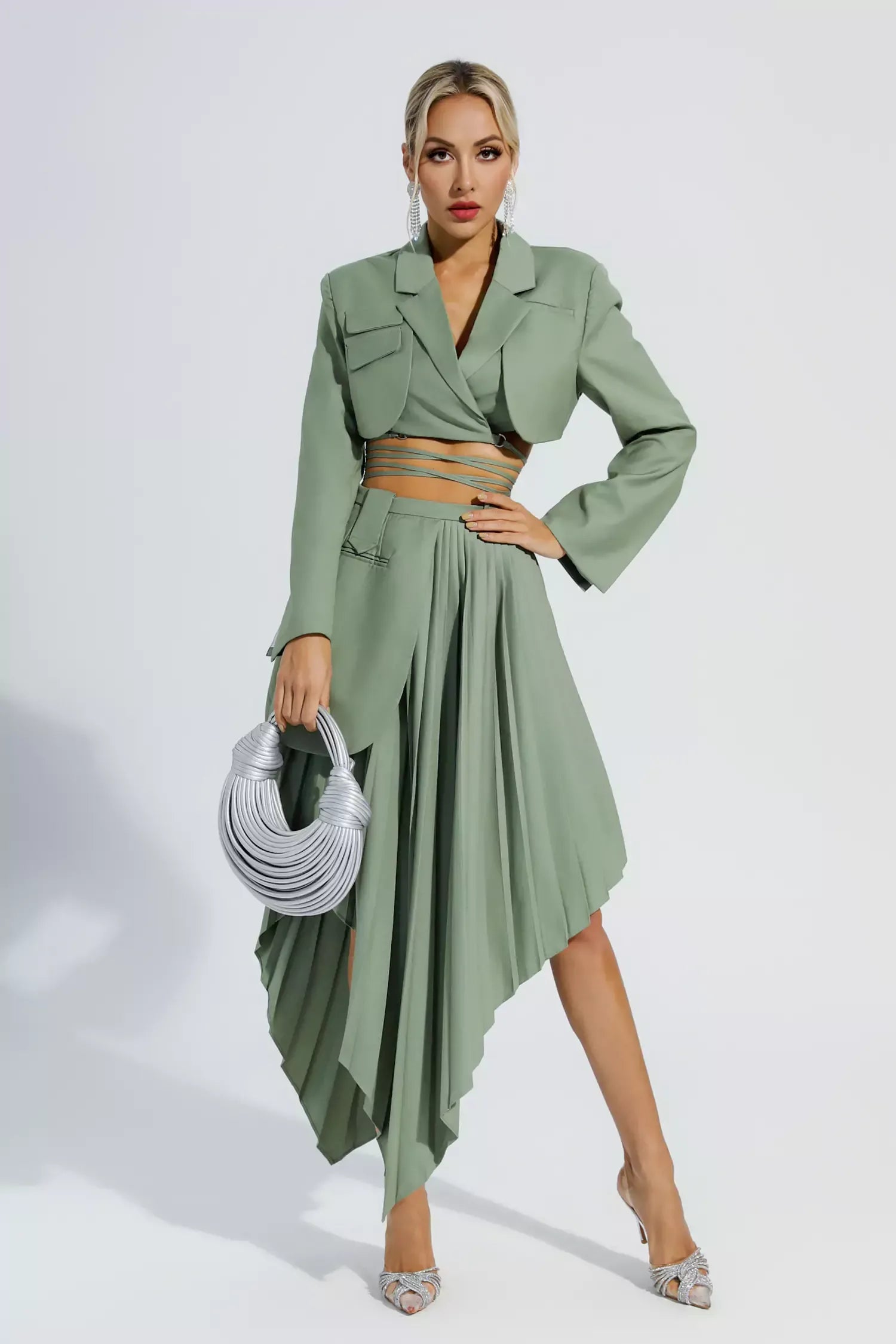 Kaeifa Sage Green Crop Blazer Pleated Asymmetric Midi Skirt Set