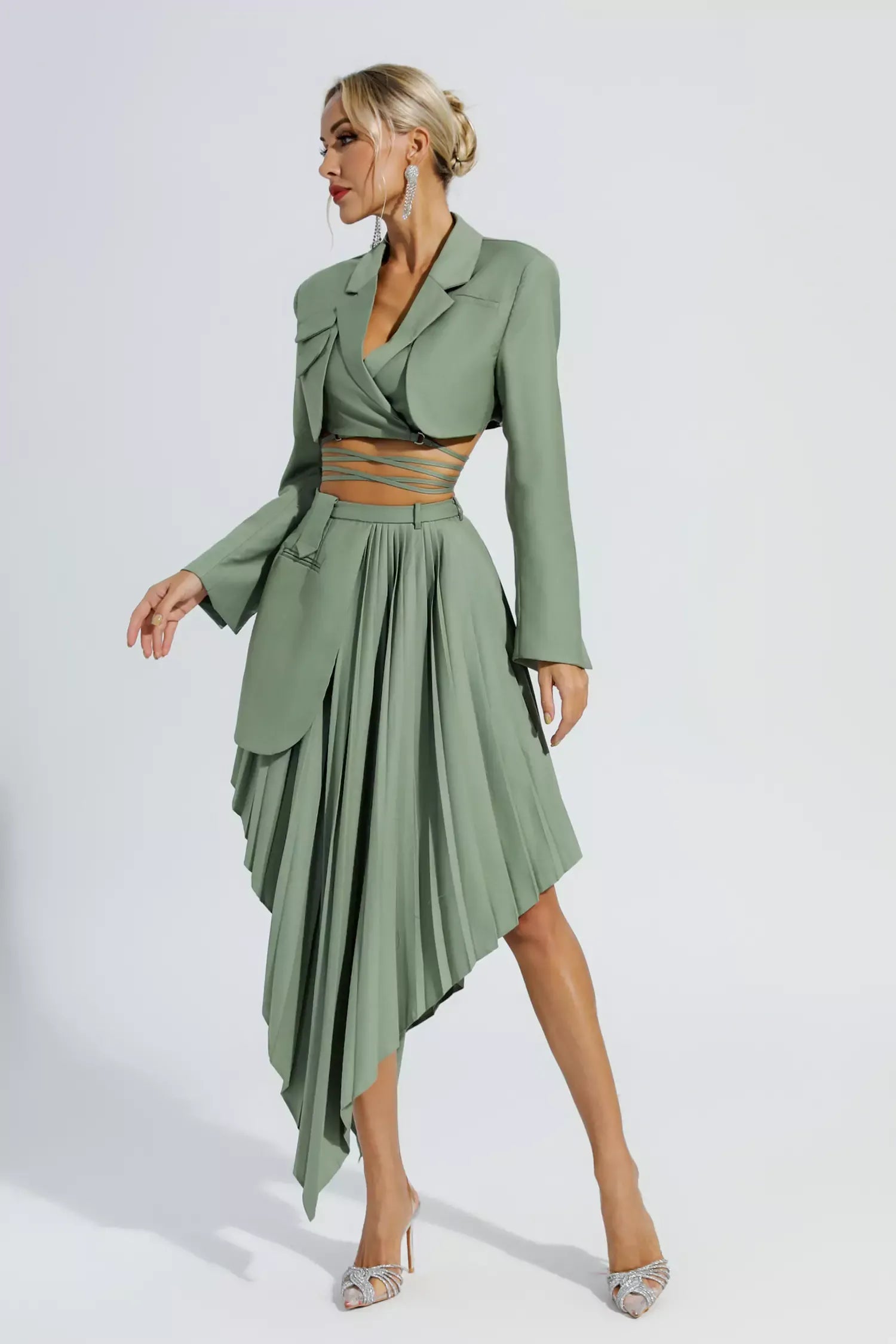 Kaeifa Sage Green Crop Blazer Pleated Asymmetric Midi Skirt Set