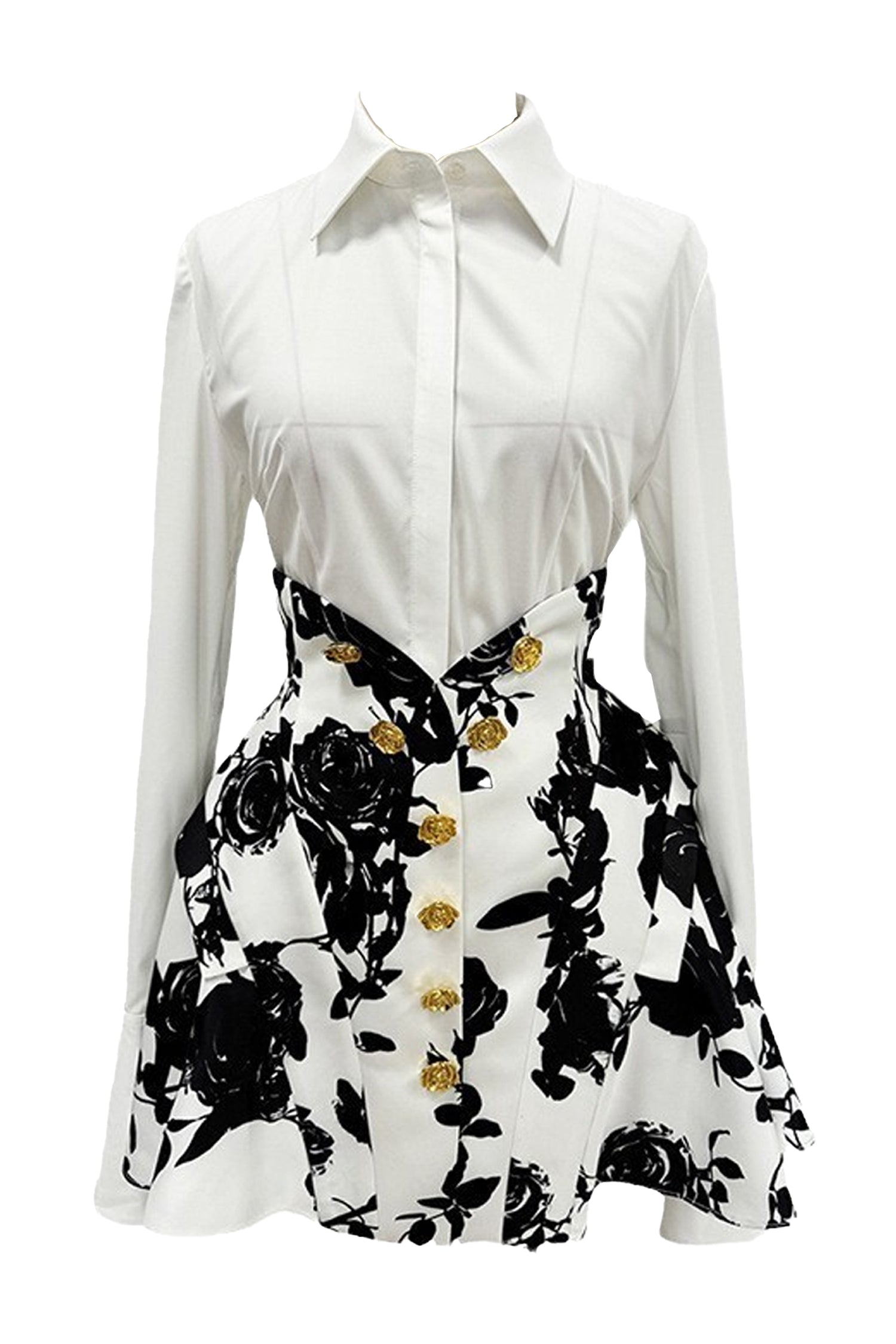 Kaeifa White Button Shirt Black Gold Rose Print Flare Mini Skirt Set