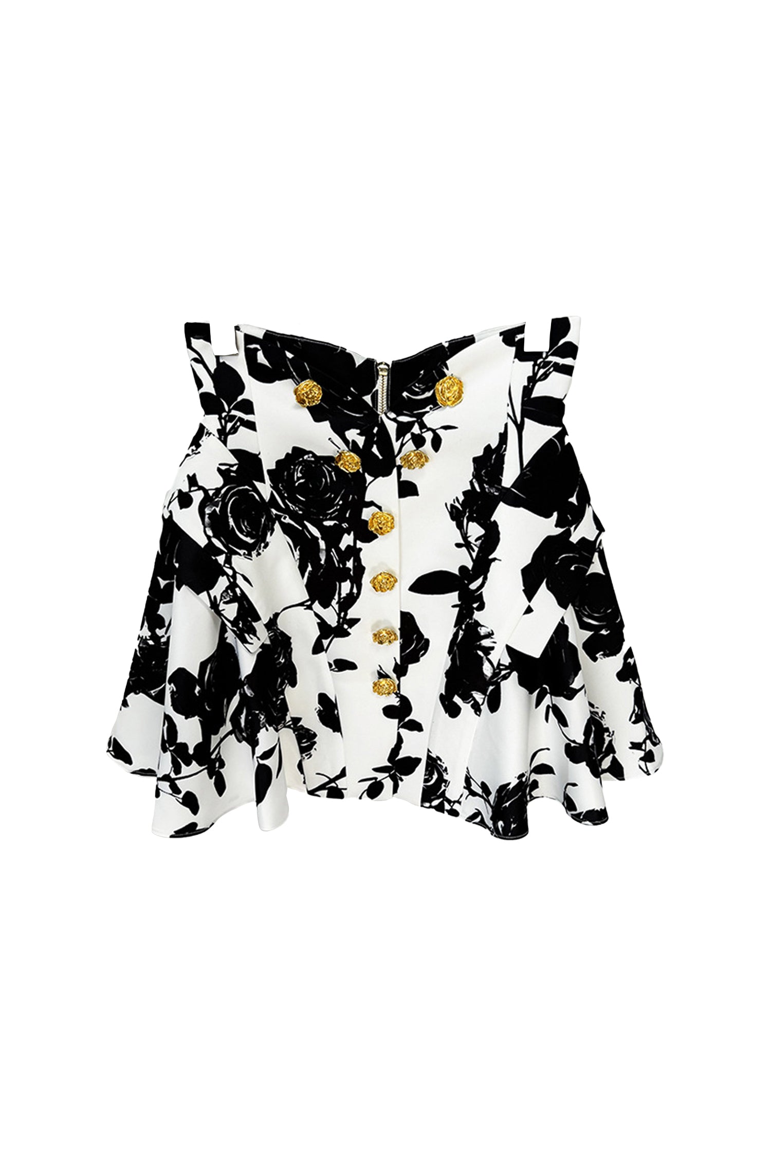 Kaeifa White Button Shirt Black Gold Rose Print Flare Mini Skirt Set