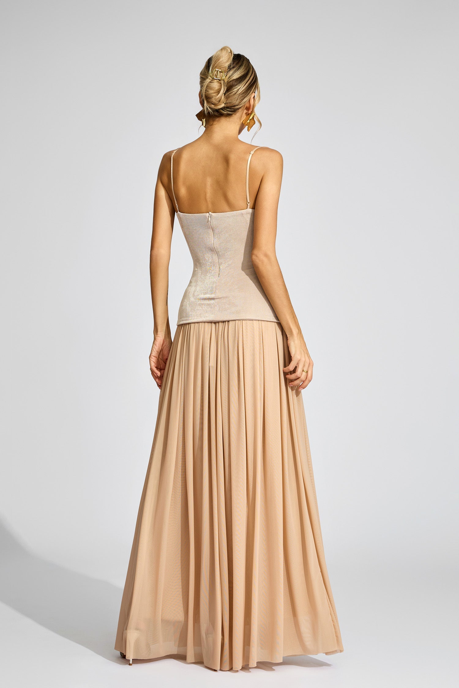 Kaeifa Beige Ruched Top Maxi Skirt Set - V-Neck 2 Piece