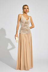 Kaeifa Beige Ruched Top Maxi Skirt Set - V-Neck 2 Piece