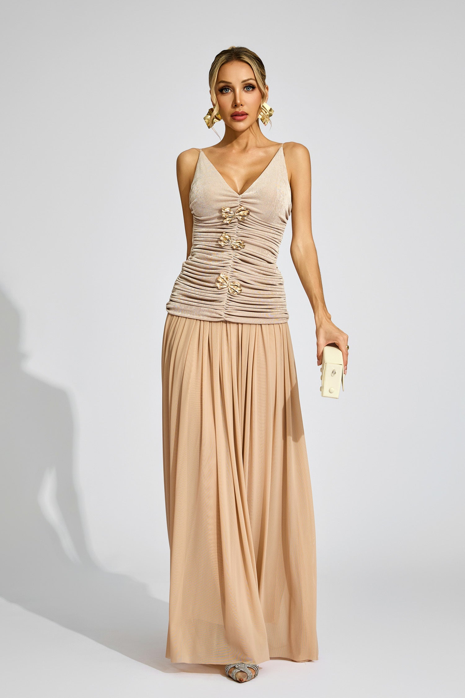 Kaeifa Beige Ruched Top Maxi Skirt Set - V-Neck 2 Piece