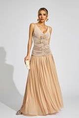 Kaeifa Beige Ruched Top Maxi Skirt Set - V-Neck 2 Piece