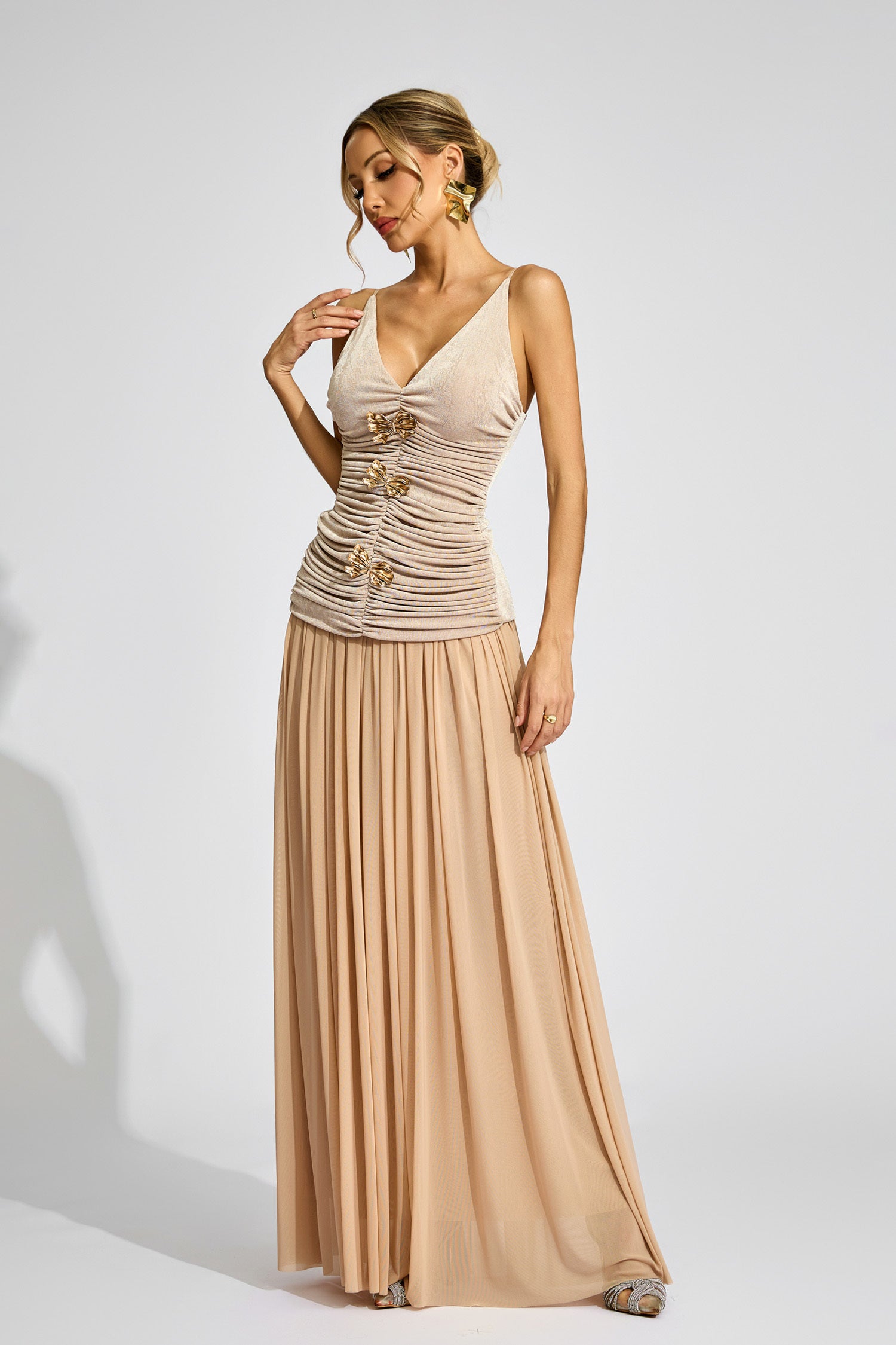 Kaeifa Beige Ruched Top Maxi Skirt Set - V-Neck 2 Piece