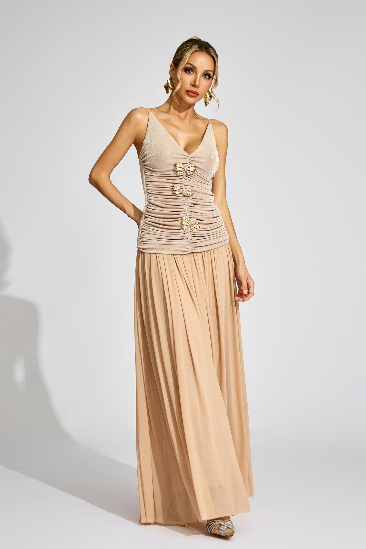Kaeifa Beige Ruched Top Maxi Skirt Set - V-Neck 2 Piece