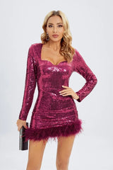 Kaeifa Magenta Sequin Feather Hem Sweetheart Long Sleeve Mini Dress