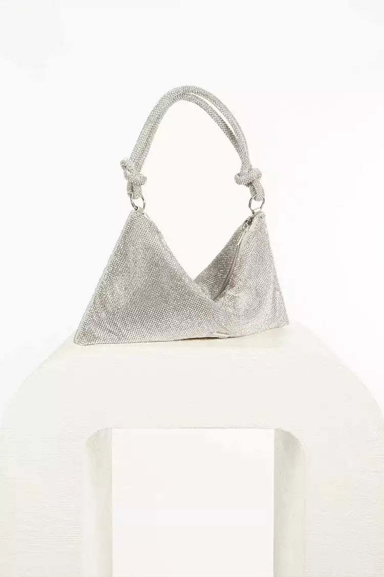 Kaeifa Silver Crystal Mesh Draped Knot Top Handle Evening Clutch Bag