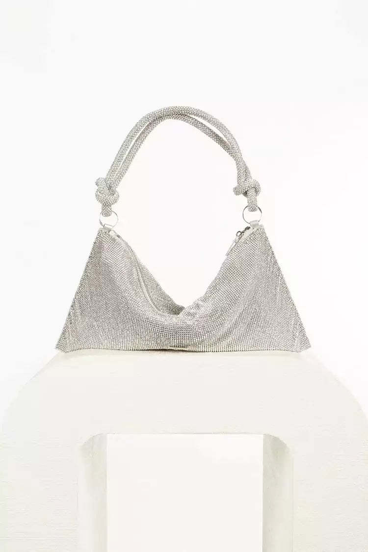 Kaeifa Silver Crystal Mesh Draped Knot Top Handle Evening Clutch Bag