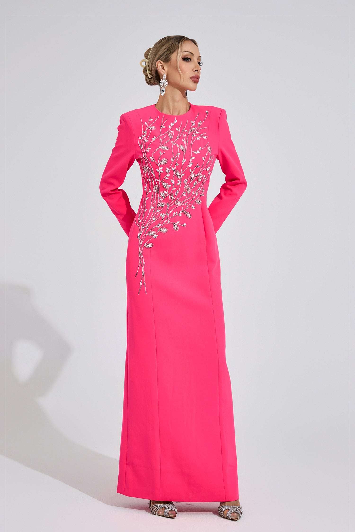 Kaeifa Hot Pink Long Sleeve Crystal Branch Round Neck Formal Maxi Dress