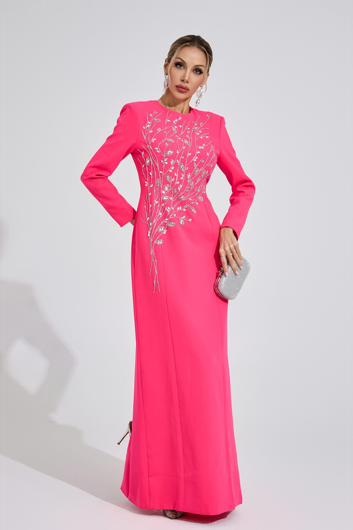 Kaeifa Hot Pink Long Sleeve Crystal Branch Round Neck Formal Maxi Dress
