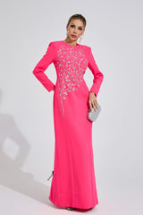 Kaeifa Hot Pink Long Sleeve Crystal Branch Round Neck Formal Maxi Dress