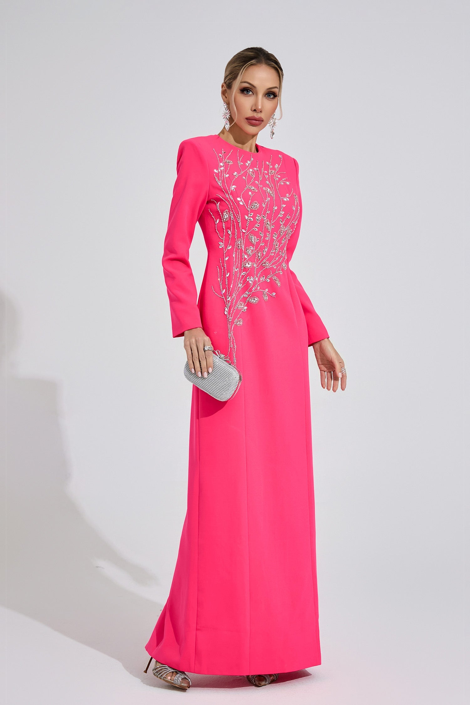 Kaeifa Hot Pink Long Sleeve Crystal Branch Round Neck Formal Maxi Dress