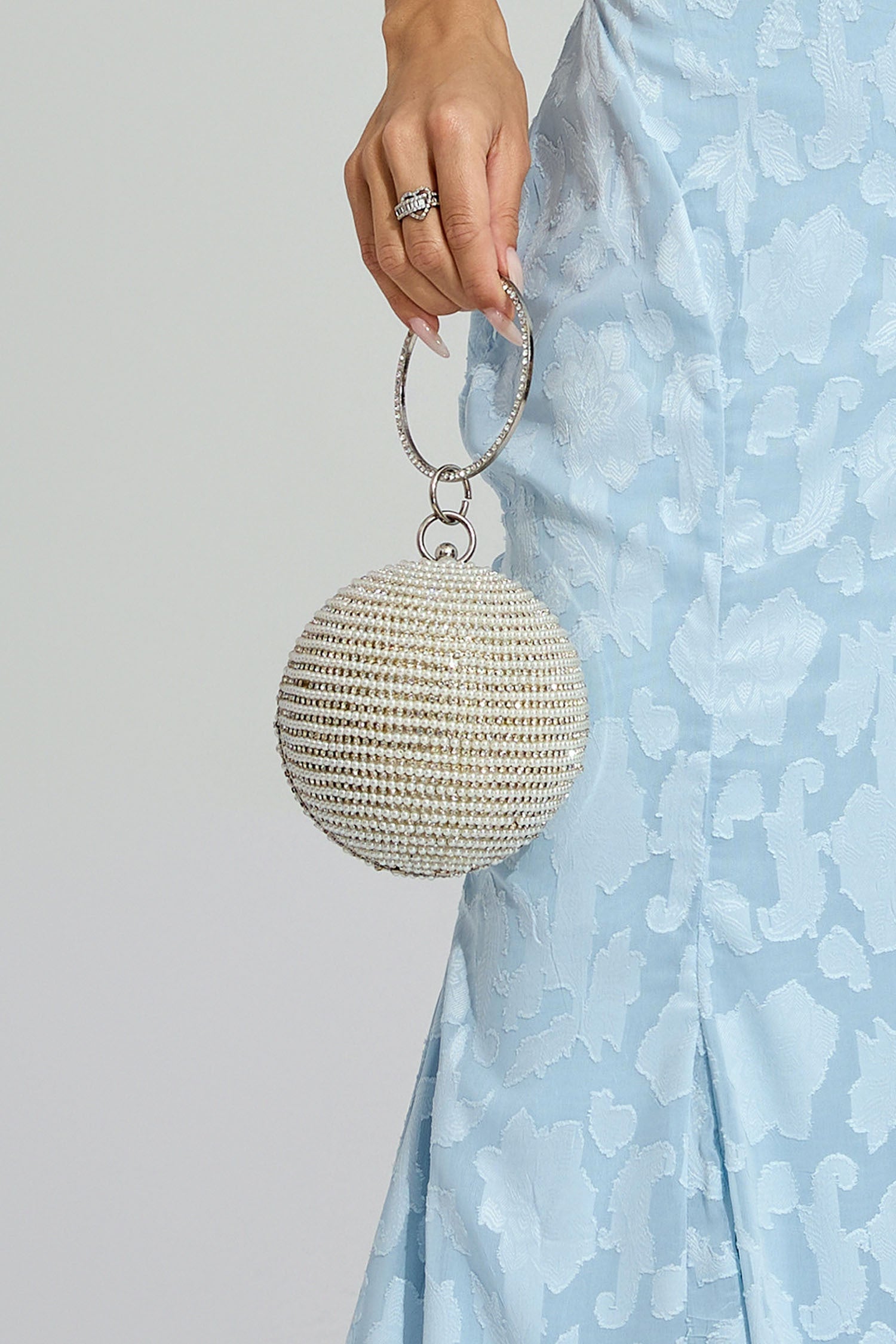 Kaeifa Cream Pearl Embellished Sphere Ring Handle Evening Clutch Bag