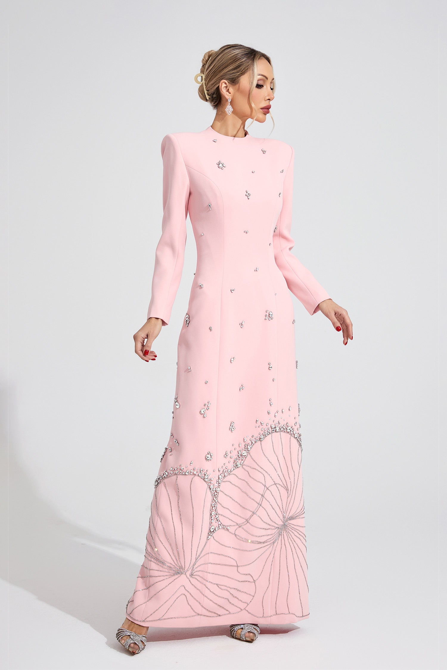 Kaeifa Baby Pink Crystal Beaded Mock Neck Long Sleeve Maxi Dress