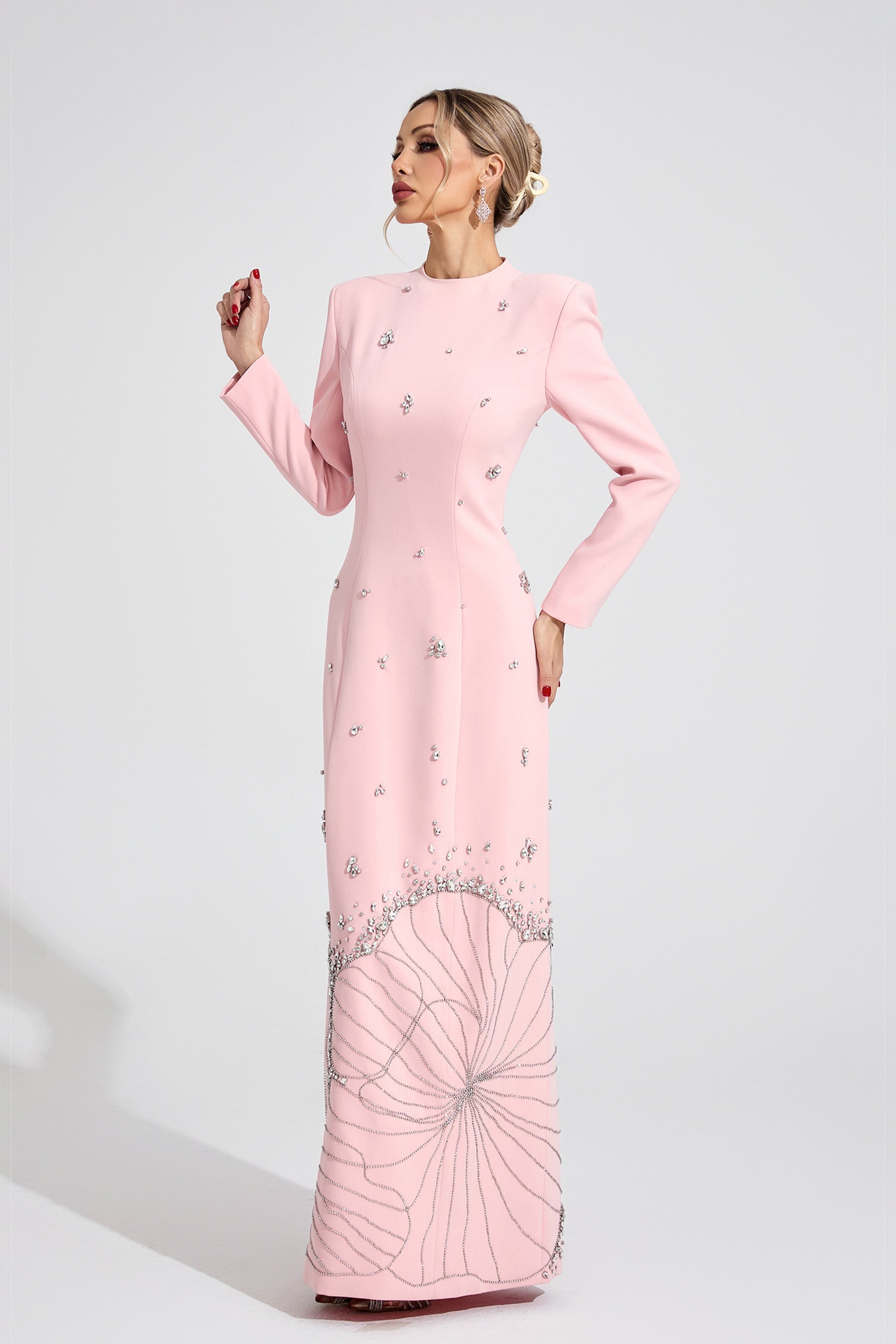 Kaeifa Baby Pink Crystal Beaded Mock Neck Long Sleeve Maxi Dress