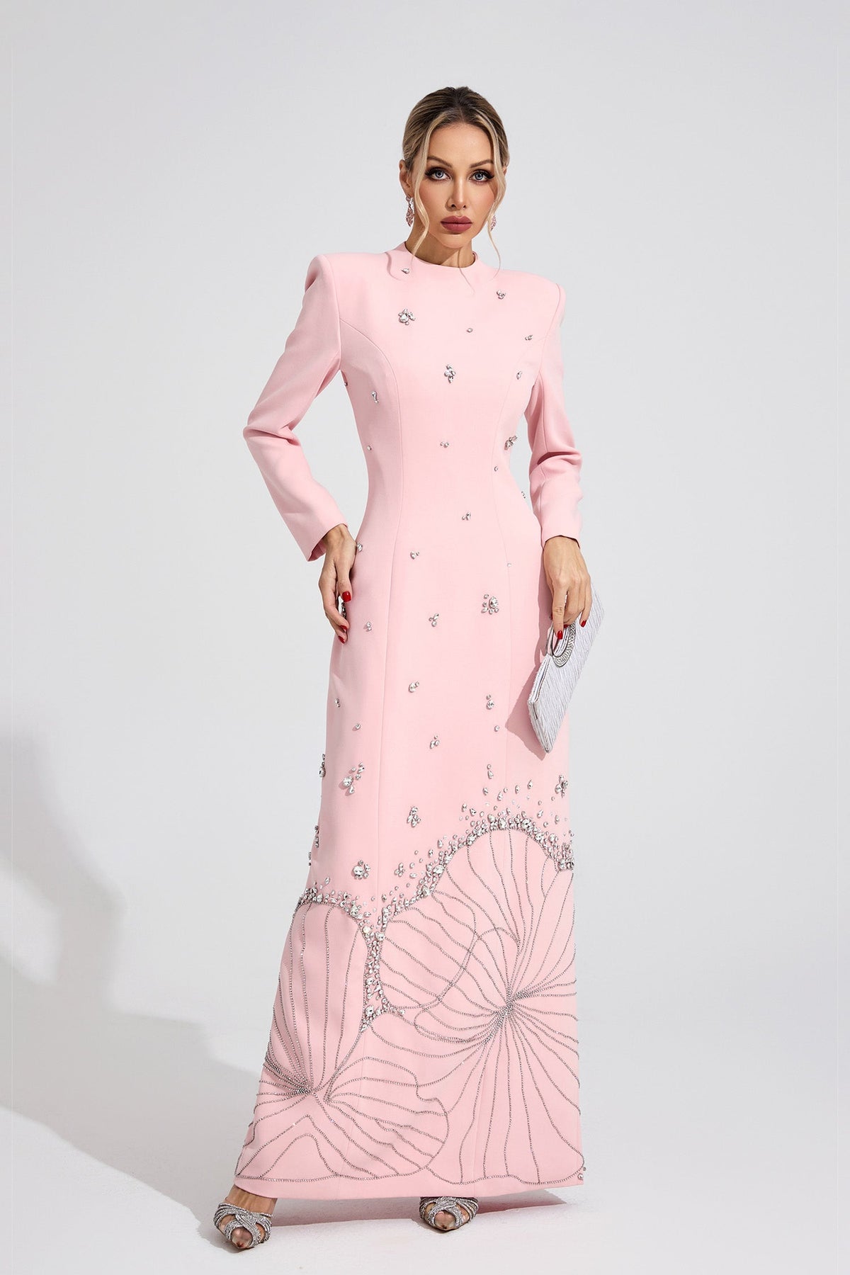 Kaeifa Baby Pink Crystal Beaded Mock Neck Long Sleeve Maxi Dress