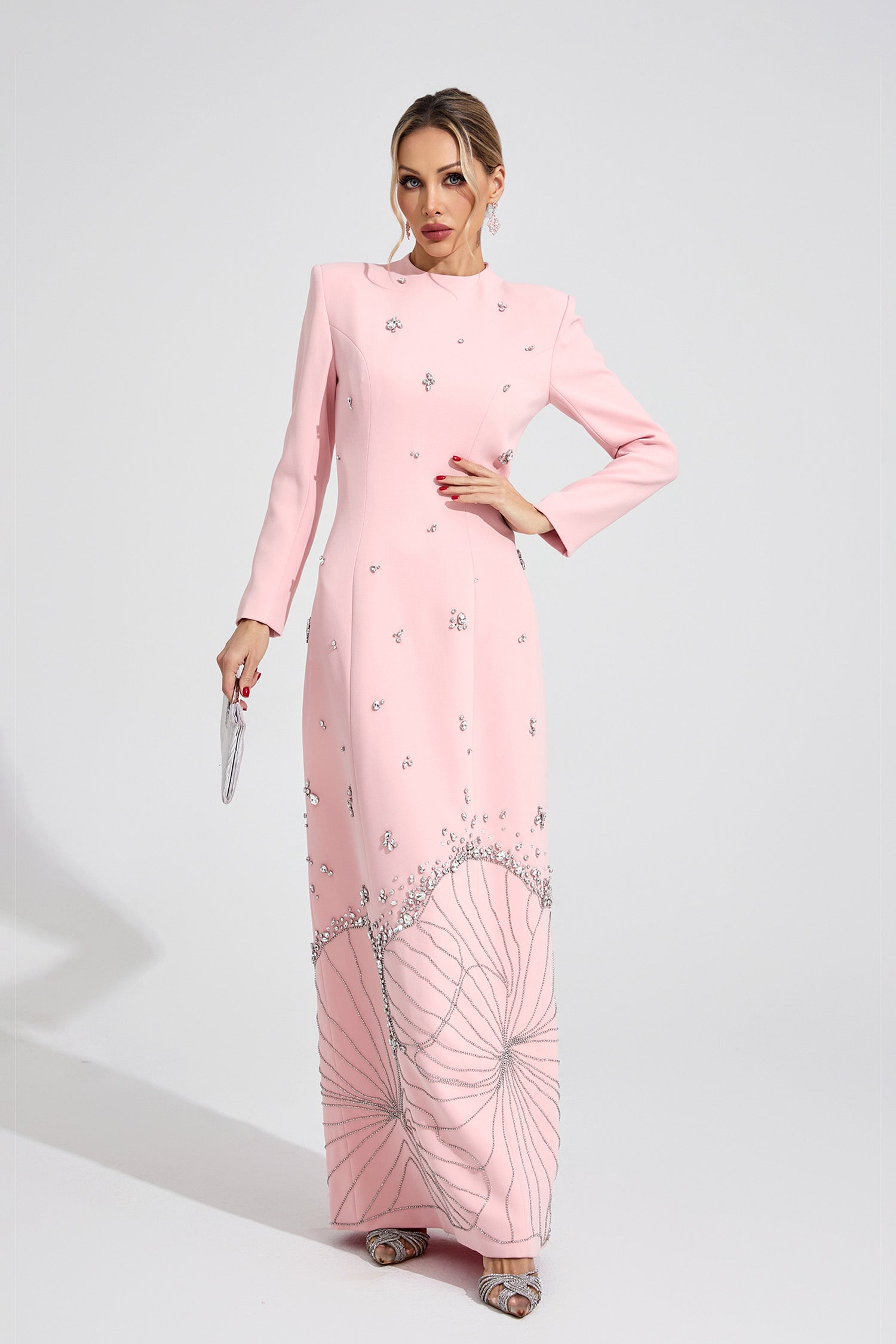 Kaeifa Baby Pink Crystal Beaded Mock Neck Long Sleeve Maxi Dress