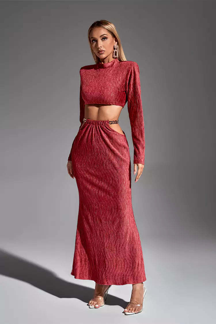 Kaeifa Brick Red Crinkle Texture Long Sleeve Crop Top Chain Midi Set