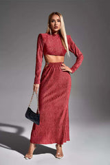 Kaeifa Brick Red Crinkle Texture Long Sleeve Crop Top Chain Midi Set