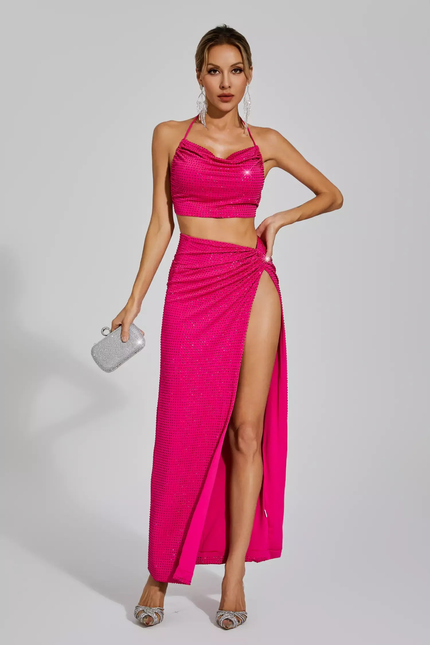 Kaeifa Hot Pink Sequin Halter Ruched Crop Top High Split Maxi Skirt Set