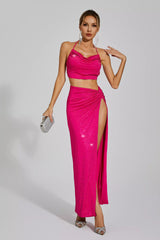 Kaeifa Hot Pink Sequin Halter Ruched Crop Top High Split Maxi Skirt Set