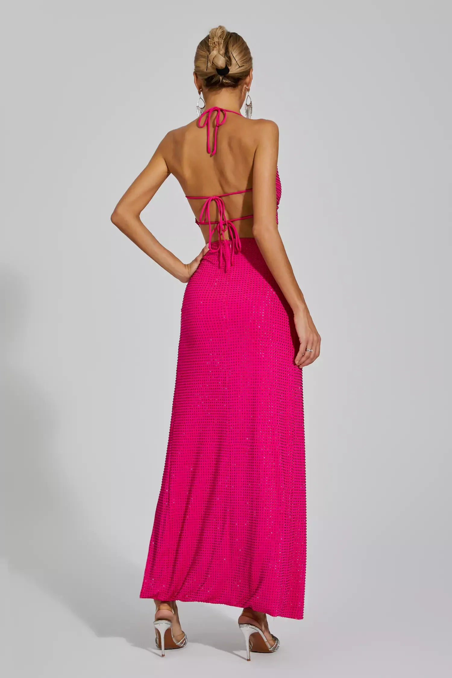 Kaeifa Hot Pink Sequin Halter Ruched Crop Top High Split Maxi Skirt Set