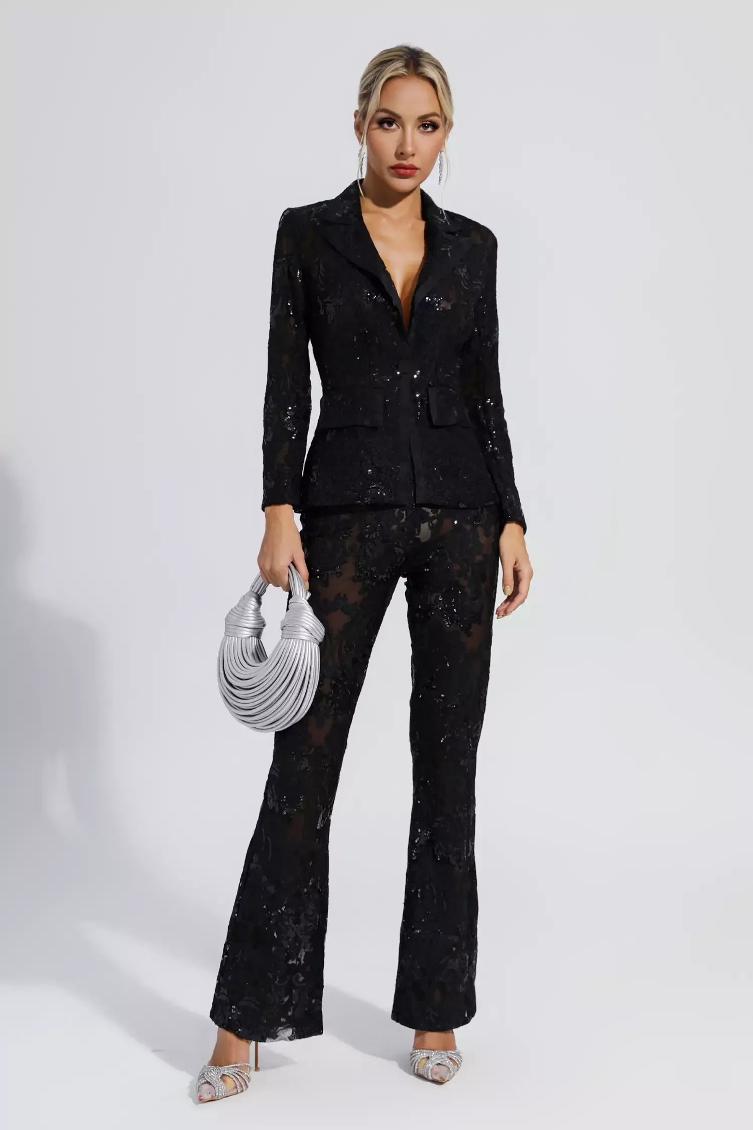Kaeifa Black Floral Sequin Sheer Lace Blazer Wide Leg Pant Set