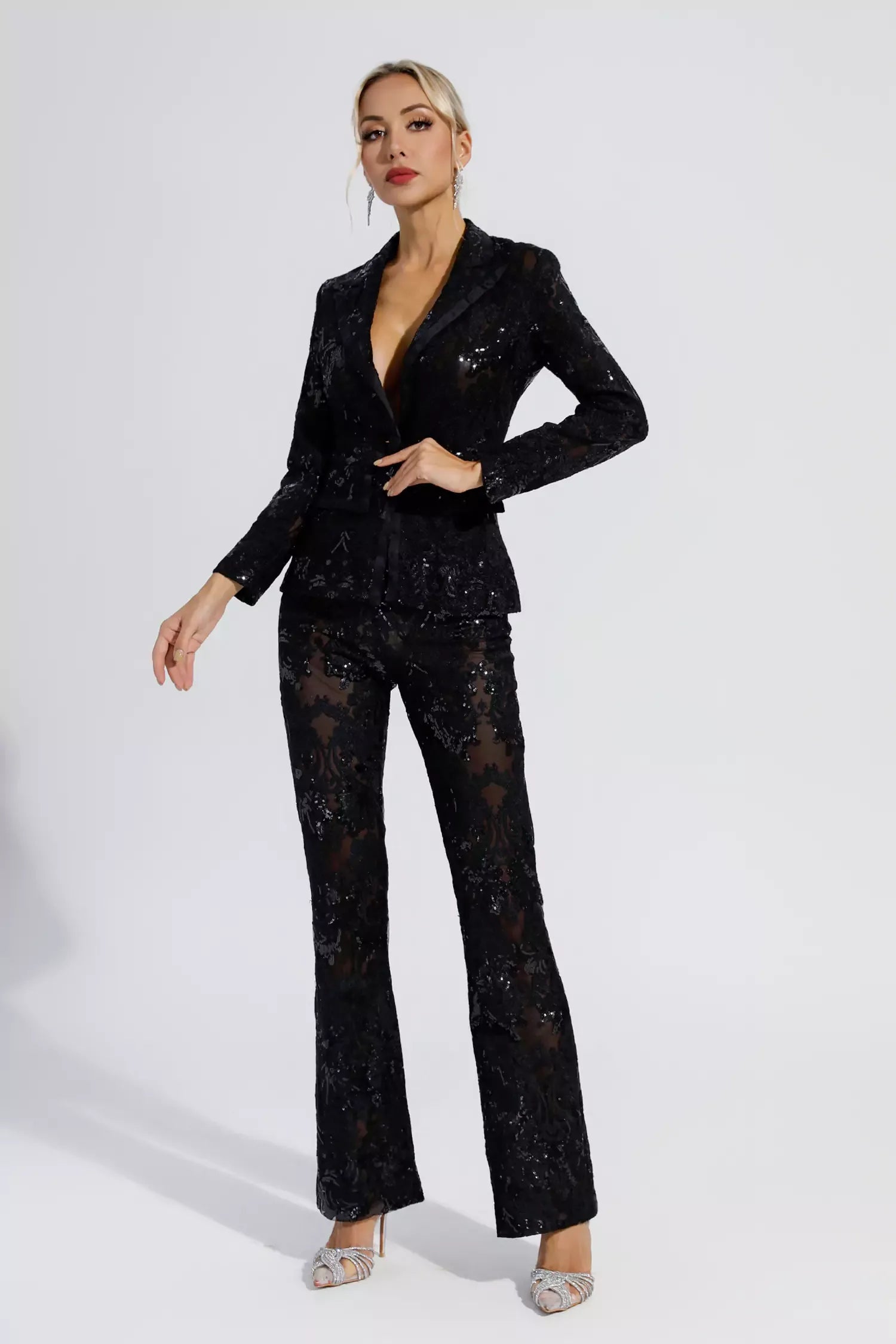 Kaeifa Black Floral Sequin Sheer Lace Blazer Wide Leg Pant Set